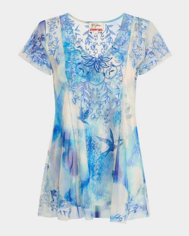 Lisette Embroidered Bird-Print Mesh Blous